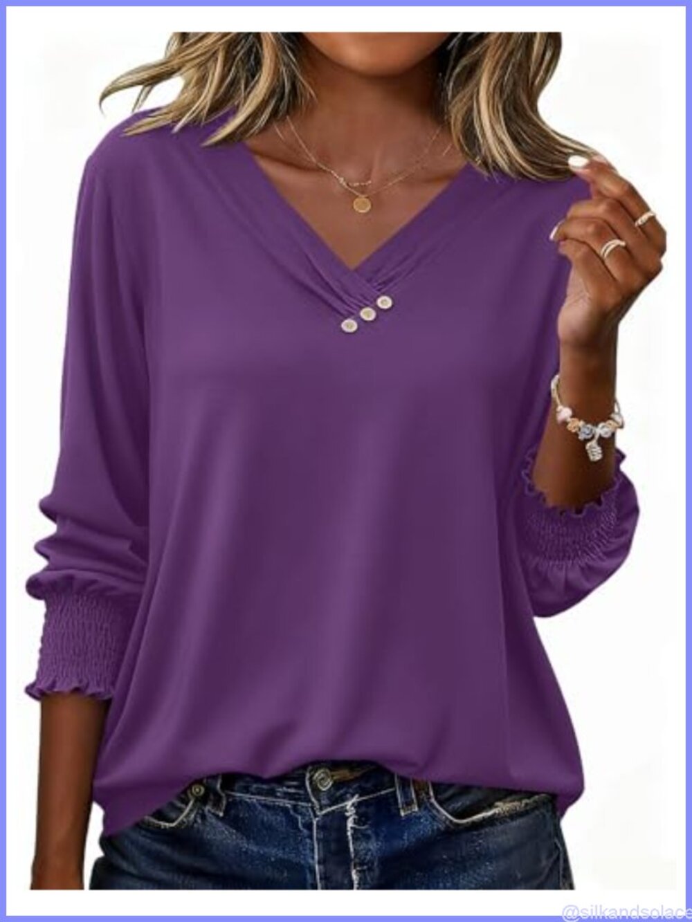 Womens Blouse 3/4 Sleeve V-Neck Button Decor Dressy Casual Tunic Top